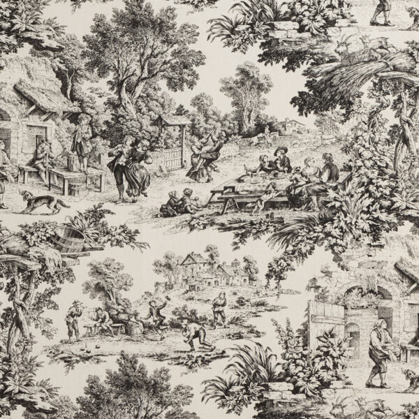 Tessuto Toile de Jouy in avorio e nero con scene pastorali raffiguranti paesaggi rurali, figure in abiti d'epoca, momenti conviviali all'aperto e dettagli naturalistici. Perfetto per arredamenti classici, tende, rivestimenti di cuscini e decorazioni in stile shabby chic.