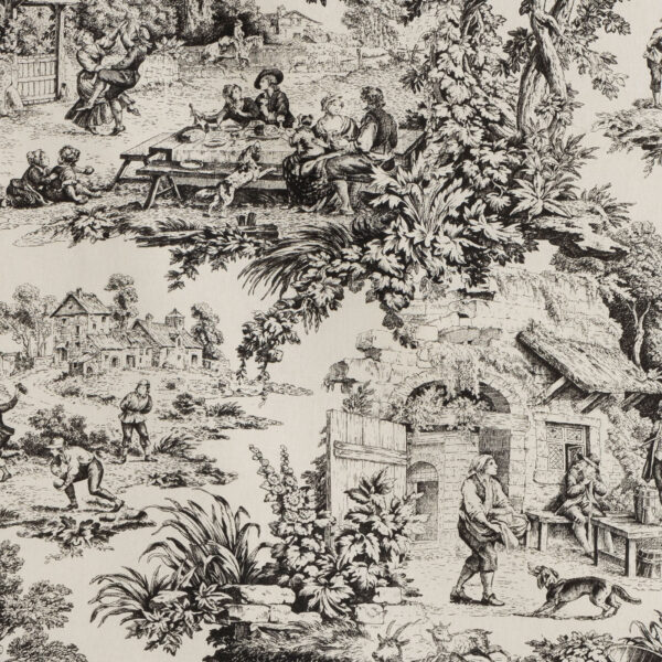 Tessuto Toile de Jouy in avorio e nero con scene pastorali raffiguranti paesaggi rurali, figure in abiti d'epoca, momenti conviviali all'aperto e dettagli naturalistici. Perfetto per arredamenti classici, tende, rivestimenti di cuscini e decorazioni in stile shabby chic.