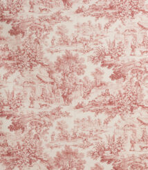 Tessuto Toile de Jouy bordeaux con raffigurazioni pastorali che includono scene di vita rurale, figure in abiti d'epoca, paesaggi naturali con alberi rigogliosi e architetture rustiche. Ideale per arredamento classico, rivestimenti di cuscini, tende e decorazioni in stile shabby chic.