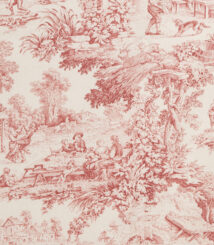 Tessuto Toile de Jouy bordeaux con raffigurazioni pastorali che includono scene di vita rurale, figure in abiti d'epoca, paesaggi naturali con alberi rigogliosi e architetture rustiche. Ideale per arredamento classico, rivestimenti di cuscini, tende e decorazioni in stile shabby chic.