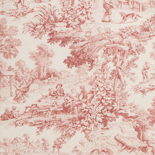 Tessuto Toile de Jouy bordeaux con raffigurazioni pastorali che includono scene di vita rurale, figure in abiti d'epoca, paesaggi naturali con alberi rigogliosi e architetture rustiche. Ideale per arredamento classico, rivestimenti di cuscini, tende e decorazioni in stile shabby chic.