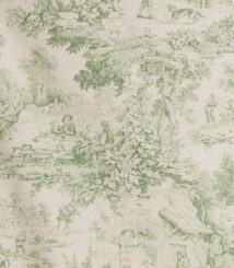 Tessuto Toile de Jouy verde con raffigurazioni pastorali dettagliate: scene di vita rurale con figure in abiti d'epoca, paesaggi naturali rigogliosi, momenti conviviali all'aperto e architetture rustiche. Ideale per arredamento classico, tende, cuscini e decorazioni in stile shabby chic.