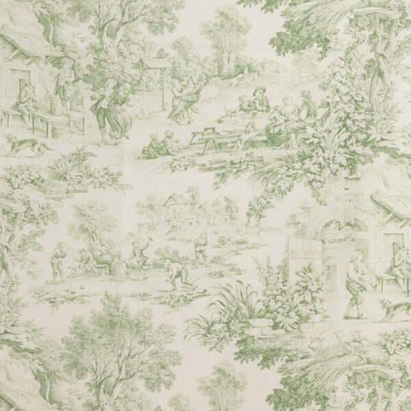 Tessuto Toile de Jouy verde con raffigurazioni pastorali dettagliate: scene di vita rurale con figure in abiti d'epoca, paesaggi naturali rigogliosi, momenti conviviali all'aperto e architetture rustiche. Ideale per arredamento classico, tende, cuscini e decorazioni in stile shabby chic.