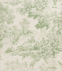Tessuto Toile de Jouy verde con raffigurazioni pastorali dettagliate: scene di vita rurale con figure in abiti d'epoca, paesaggi naturali rigogliosi, momenti conviviali all'aperto e architetture rustiche. Ideale per arredamento classico, tende, cuscini e decorazioni in stile shabby chic.