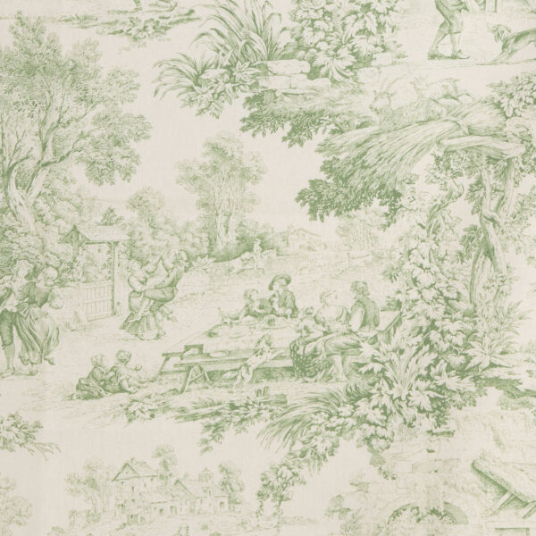 Tessuto Toile de Jouy verde con raffigurazioni pastorali dettagliate: scene di vita rurale con figure in abiti d'epoca, paesaggi naturali rigogliosi, momenti conviviali all'aperto e architetture rustiche. Ideale per arredamento classico, tende, cuscini e decorazioni in stile shabby chic.