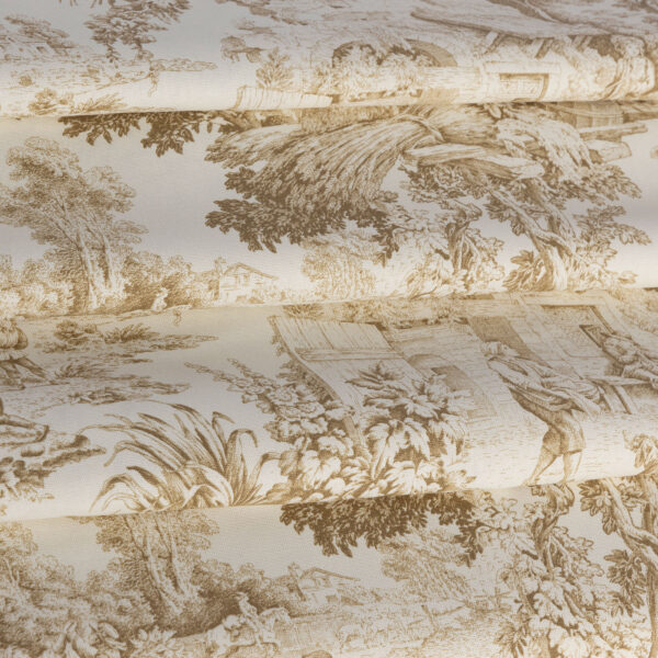 Il fascino del Toile de Jouy beige, un tessuto che racchiude secoli di storia e arte. Questo tessuto si distingue per le sue stampe delicate e raffinate