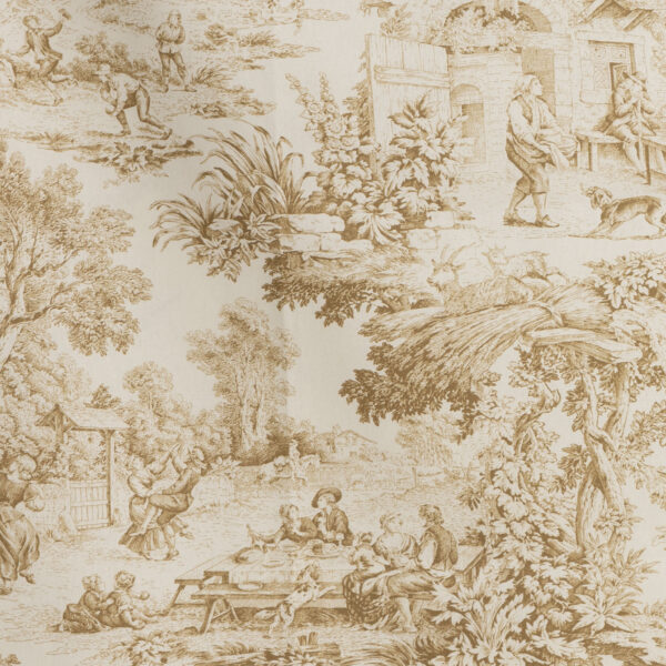 Il fascino del Toile de Jouy beige, un tessuto che racchiude secoli di storia e arte. Questo tessuto si distingue per le sue stampe delicate e raffinate