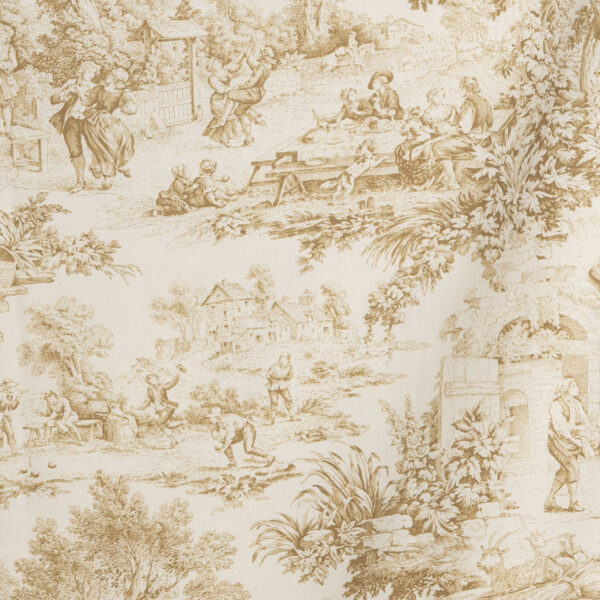 Il fascino del Toile de Jouy beige, un tessuto che racchiude secoli di storia e arte. Questo tessuto si distingue per le sue stampe delicate e raffinate