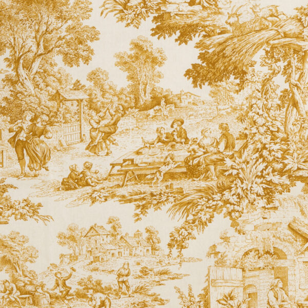 Tessuto Toile de Jouy dorato con dettagli raffinati che raffigurano scene pastorali tradizionali: figure in abiti d'epoca, momenti conviviali all'aperto, paesaggi naturali rigogliosi e architetture rustiche. Perfetto per arredamento classico, tende, rivestimenti di cuscini e decorazioni eleganti in stile shabby chic.