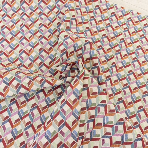 Tessuto gobelin fantasia cubi 3D multicolore con sfondo beige - Tessuti moderni e colorati per arredamento Deco Italian Design