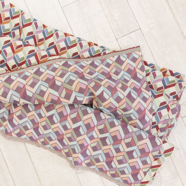 Tessuto gobelin fantasia cubi 3D multicolore con sfondo beige - Tessuti moderni e colorati per arredamento Deco Italian Design