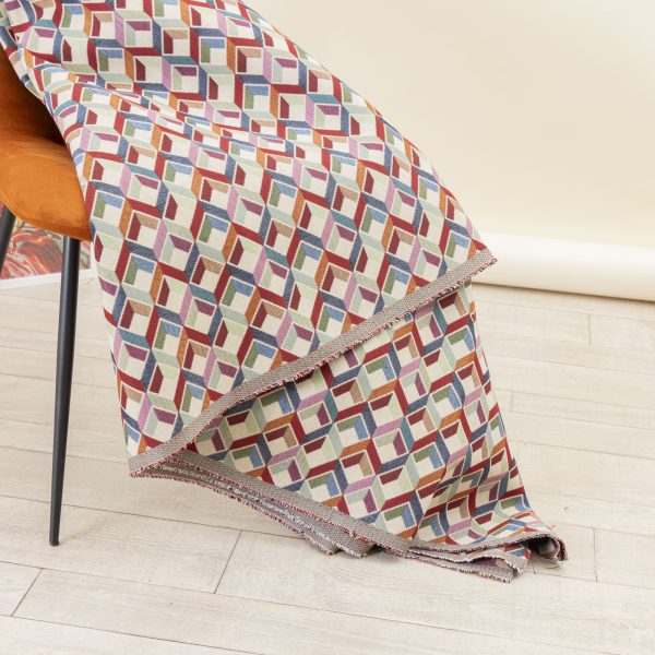 Tessuto gobelin fantasia cubi 3D multicolore con sfondo beige - Tessuti moderni e colorati per arredamento Deco Italian Design