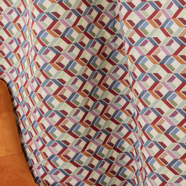 Tessuto gobelin fantasia cubi 3D multicolore con sfondo beige - Tessuti moderni e colorati per arredamento Deco Italian Design