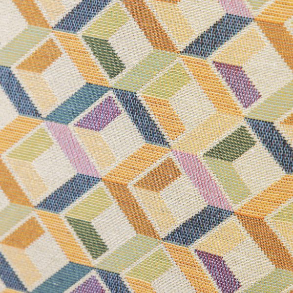 Buy Gobelin fabric with yellow, olive green and blue three-dimensional cube pattern on a beige ground (280x270 cm) at Deco Italian Design. Geometric design and high quality.