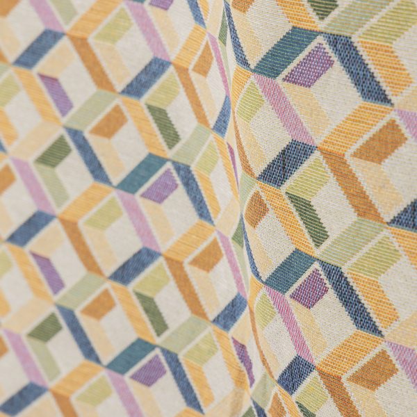 Buy Gobelin fabric with yellow, olive green and blue three-dimensional cube pattern on a beige ground (280x270 cm) at Deco Italian Design. Geometric design and high quality.