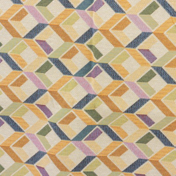 Buy Gobelin fabric with yellow, olive green and blue three-dimensional cube pattern on a beige ground (280x270 cm) at Deco Italian Design. Geometric design and high quality.