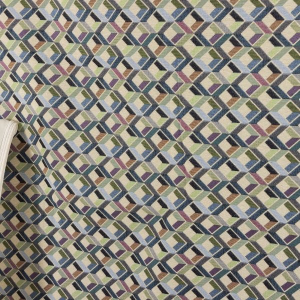 Buy Gobelin fabric patterned three-dimensional cubes blue, sage green and charcoal gray on a beige ground (280x270 cm) at Deco Italian Design. Modern design and premium quality.