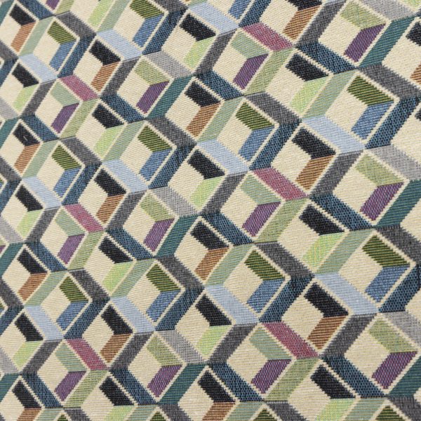 Buy Gobelin fabric patterned three-dimensional cubes blue, sage green and charcoal gray on a beige ground (280x270 cm) at Deco Italian Design. Modern design and premium quality.