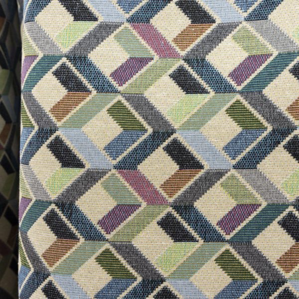 Buy Gobelin fabric patterned three-dimensional cubes blue, sage green and charcoal gray on a beige ground (280x270 cm) at Deco Italian Design. Modern design and premium quality.