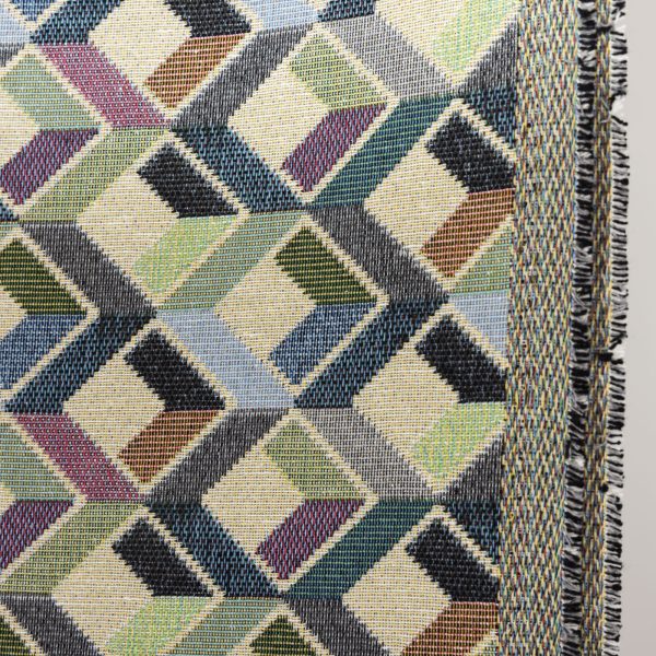 Buy Gobelin fabric patterned three-dimensional cubes blue, sage green and charcoal gray on a beige ground (280x270 cm) at Deco Italian Design. Modern design and premium quality.