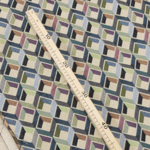 Buy Gobelin fabric patterned three-dimensional cubes blue, sage green and charcoal gray on a beige ground (280x270 cm) at Deco Italian Design. Modern design and premium quality.