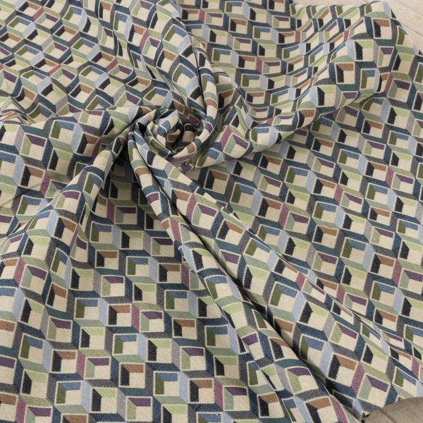 Buy Gobelin fabric patterned three-dimensional cubes blue, sage green and charcoal gray on a beige ground (280x270 cm) at Deco Italian Design. Modern design and premium quality.